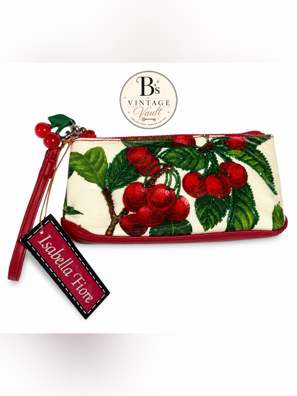 Vintage Isabella Fiore Cherry Embroidery Wristlet | Red Leather Trim